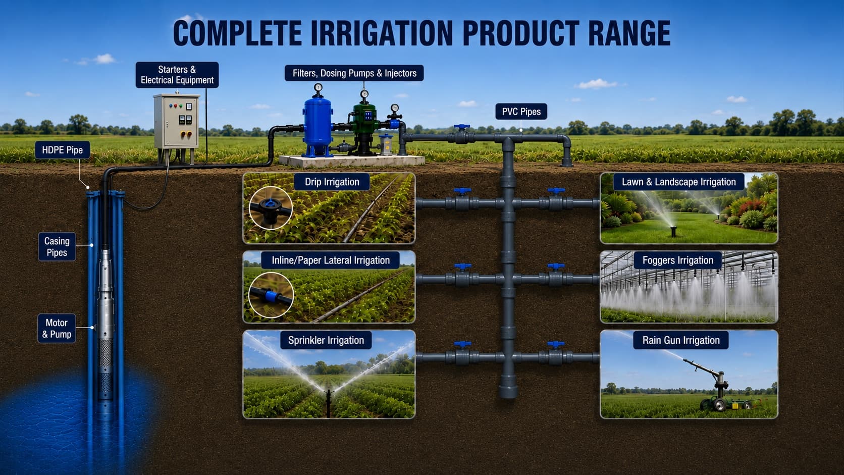 Complete irrigation product range — borewell motor and pump, casing and HDPE pipe, starters and electrical equipment, filters and dosing pumps, PVC pipes, drip, sprinkler, raingun, foggers and landscape irrigation